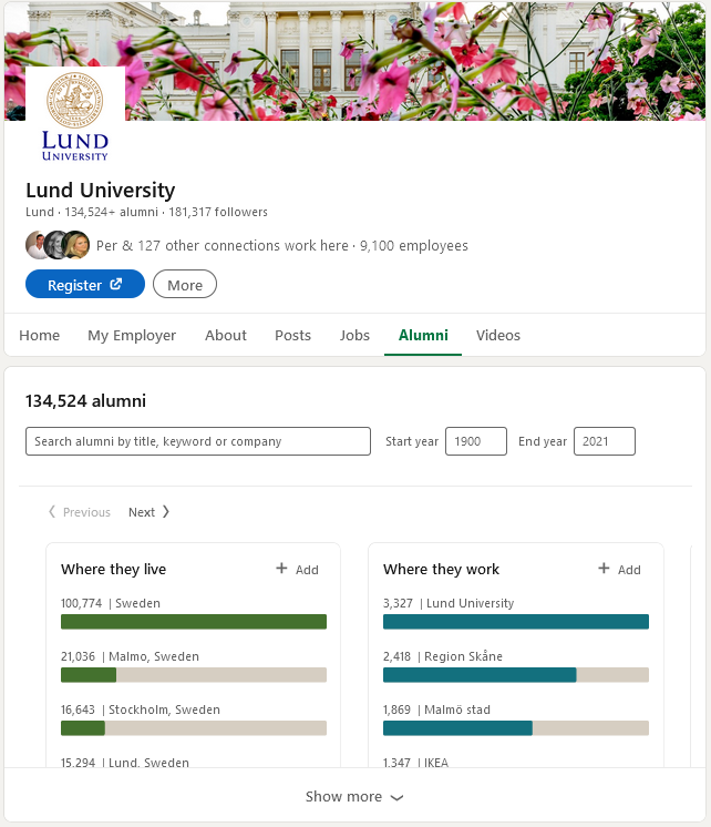 LinkedIn alumni search tool screenshot