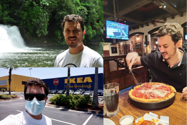 3 photos: man by waterfall, IKEA and at a restaurant