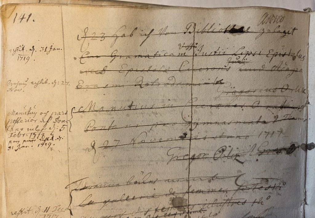 Book loans personally signed by Georg Orlik at the University Library on 23 and 27 November 1717