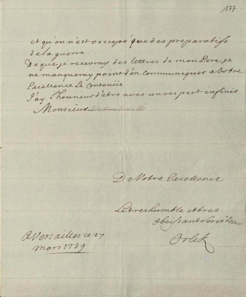 Final page of a letter from Georg Orlik to Carl Gyllenborg