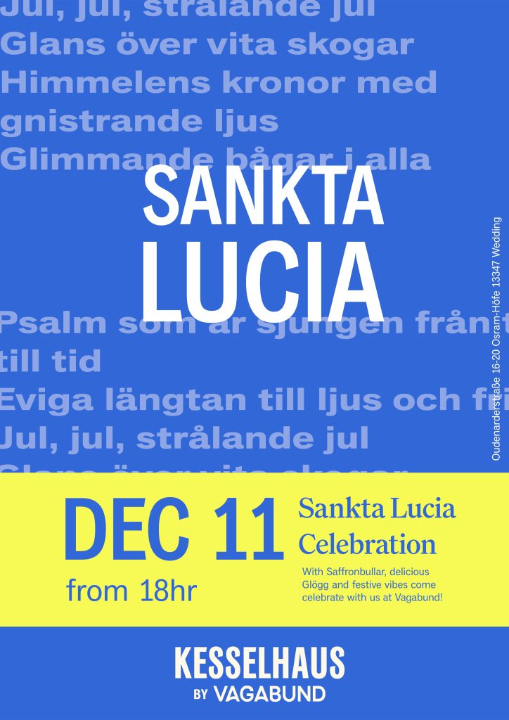 Promotional poster about Sankta Lucia event on 11 December at Vagabund