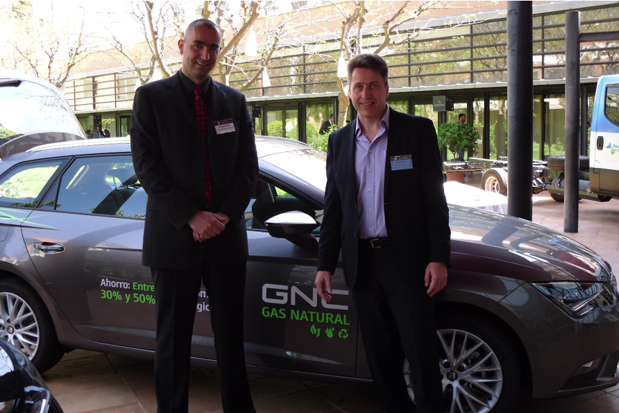 From the left: Jan Stambasky, president of the European Biogas Association and Jörgen Held, CEO Renewtec AB, in front of biomethane powered cars exhibited at REGATEC 2015 in Barcelona. Photo: Prof. Frank Scholwin
